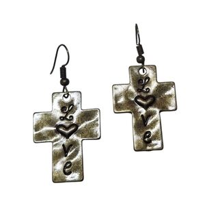 Bronze cross earrings, Engraved LOVE